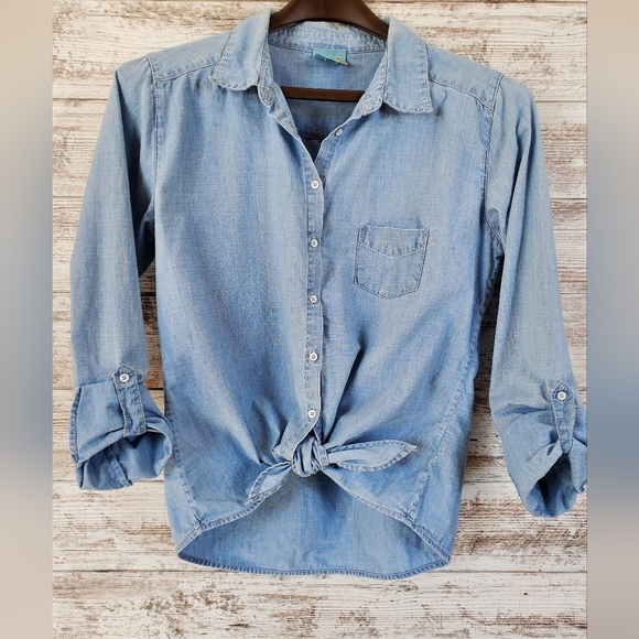 C&C California Tops - C&C California Chambray Tie Front Button Down Shirt Blue